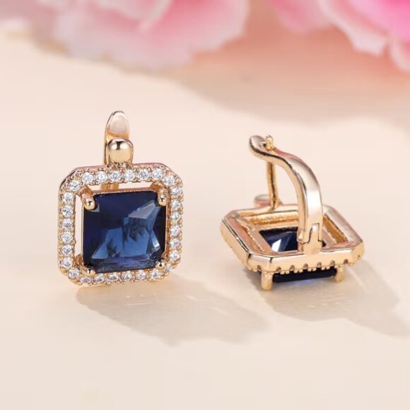 14K Gold Hanging Drop 2ct Blue Sapphire Gemstone 1ct Diamond Earrings Jewelry - Picture 4 of 6